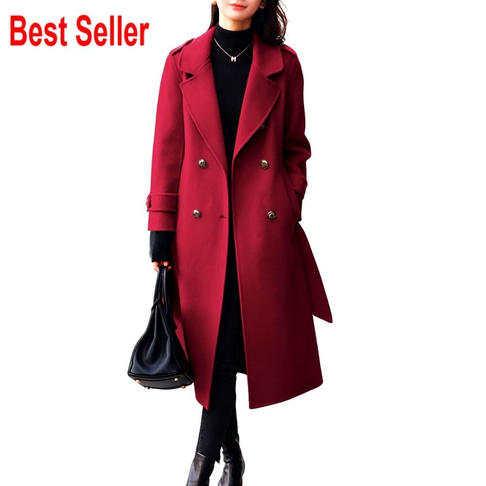Wool Pea Coat Double Breasted Belted Midi Long Trench Coat Elegant Classic